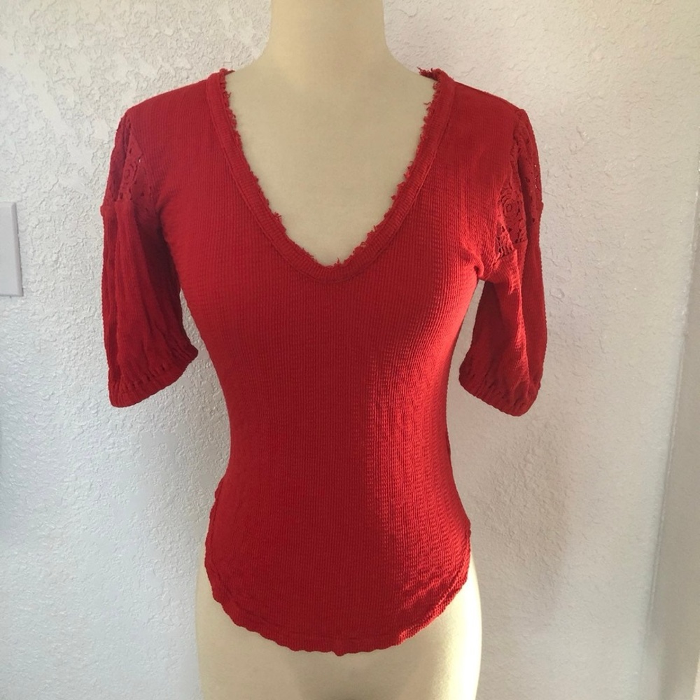 Free People red top size small                Red V-Neck Lace Sleeve Women's Top